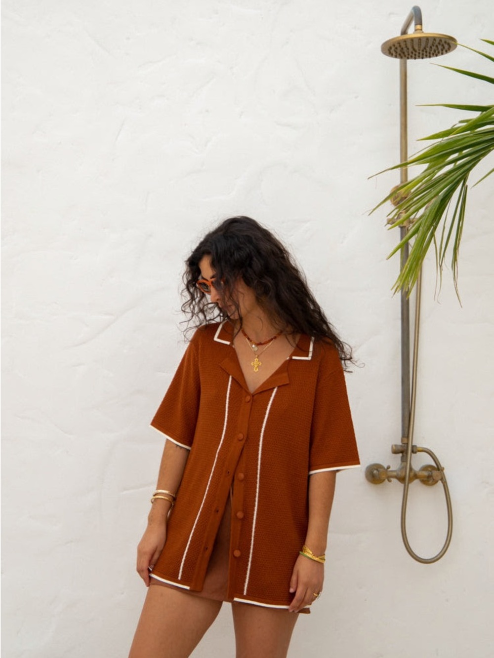 Vrg Girl Brown Short Sleeve Knit Button-Up Top